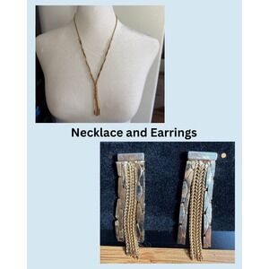 Vintage Gold Tone Multi Strand Tassel Y Lariat Necklace & Earrings Jewelry Set